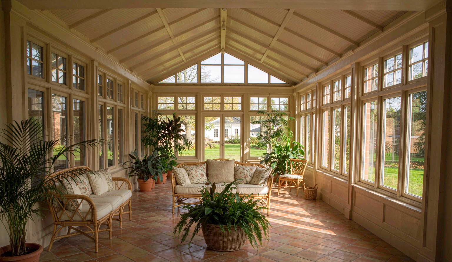 Home Conservatory with rattan sofa and garden views