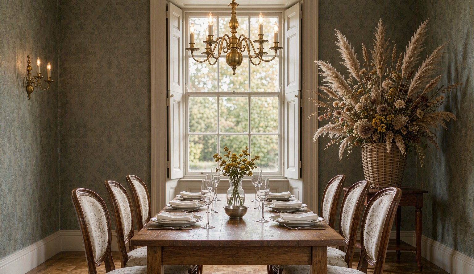 Home Dining room with oak table set for six