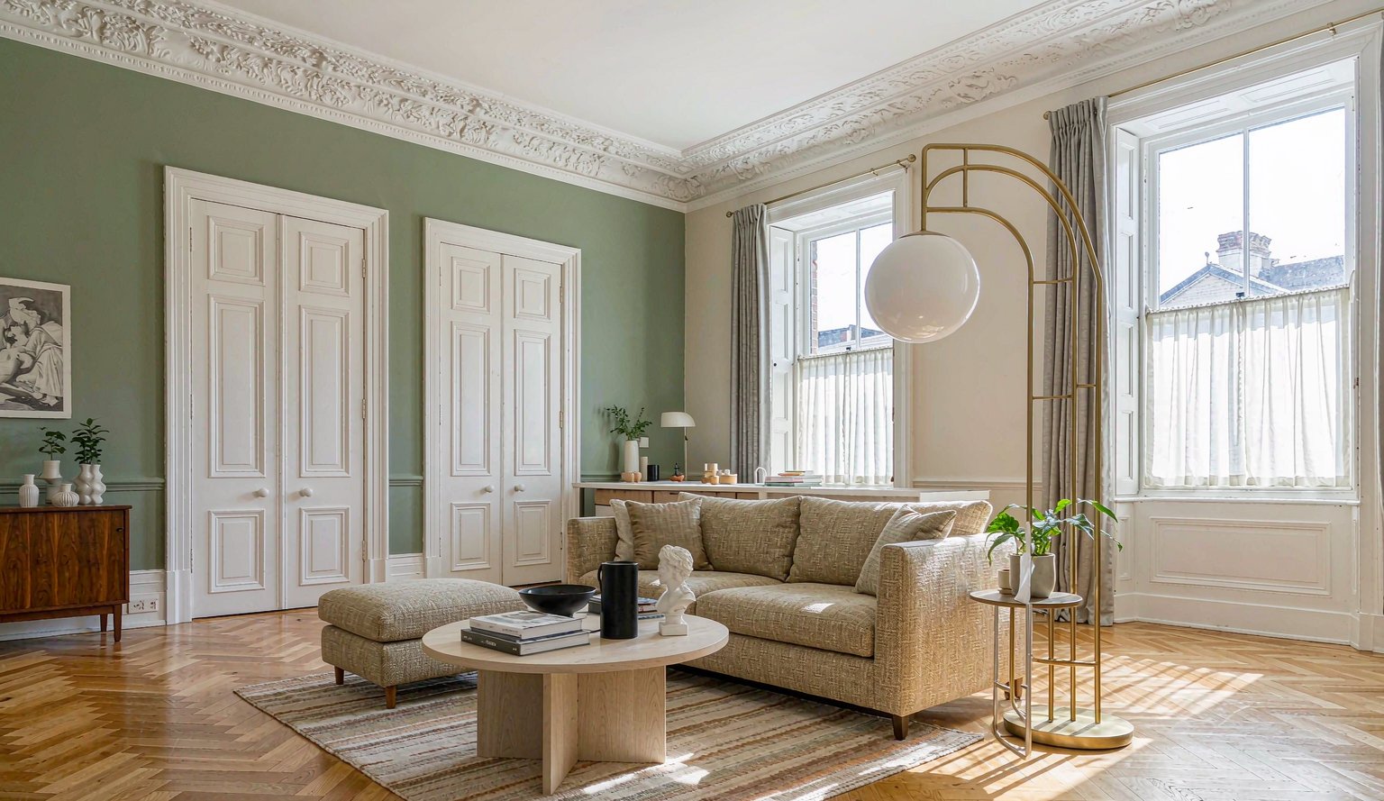Home Bright living room with sage green wall and linen sofa