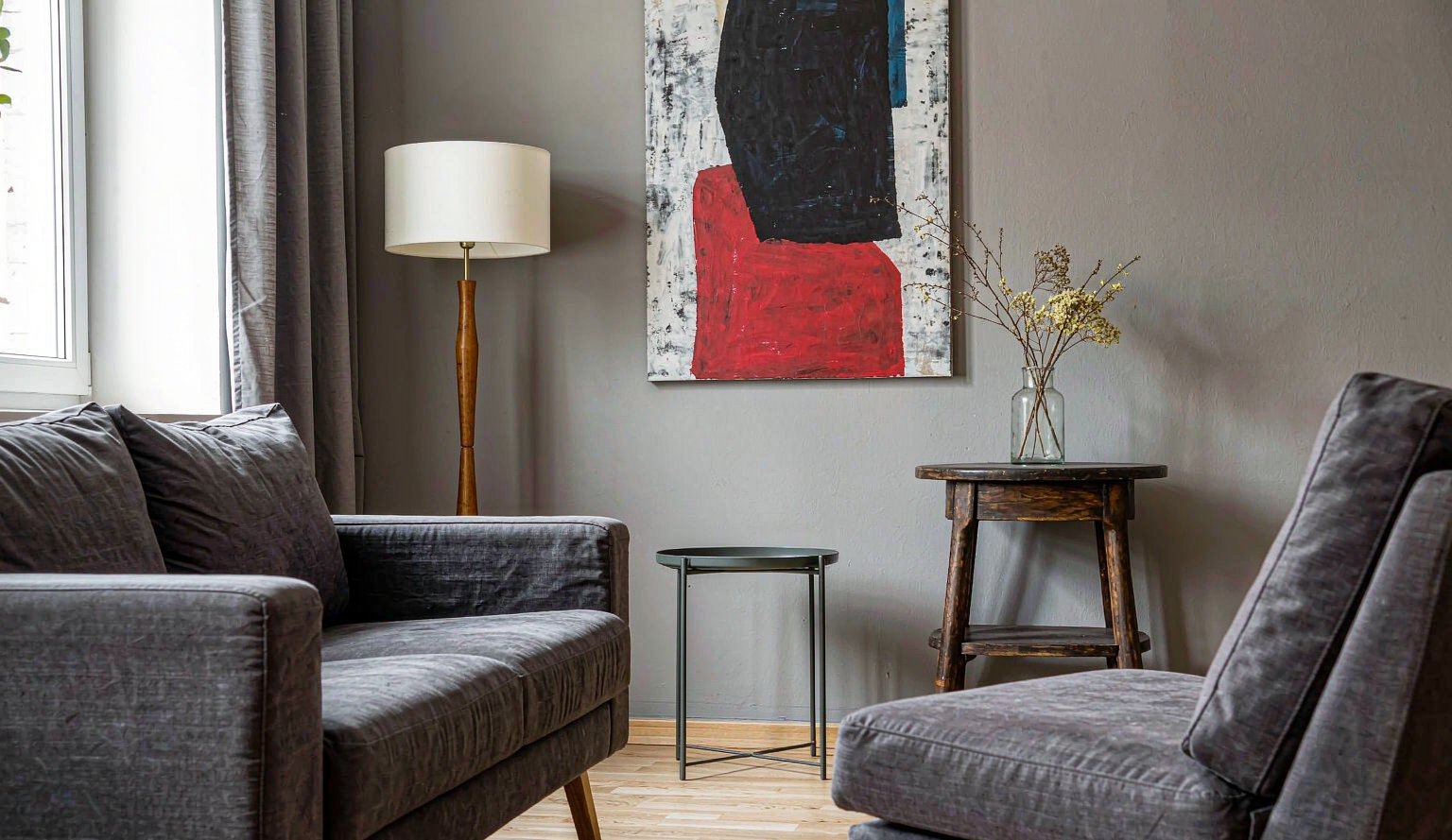 Home Contemporary living room with grey walls and pale oak floor