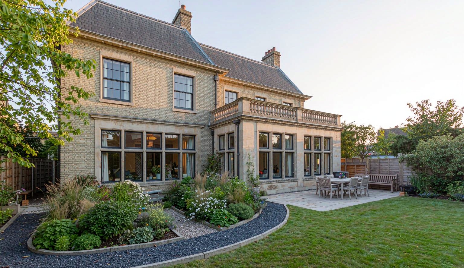 Home Private rear garden with patio and outdoor dining set